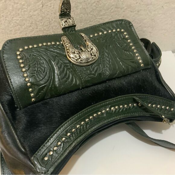 American West Black Hair-On Cowtown Green Tooled Leather Zip-Top Shoulder Bag - Picture 9 of 15